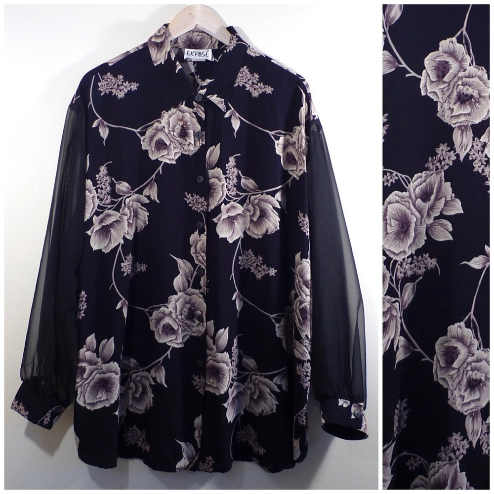 Vintage Sheer Sleeve Floral Print Long Top